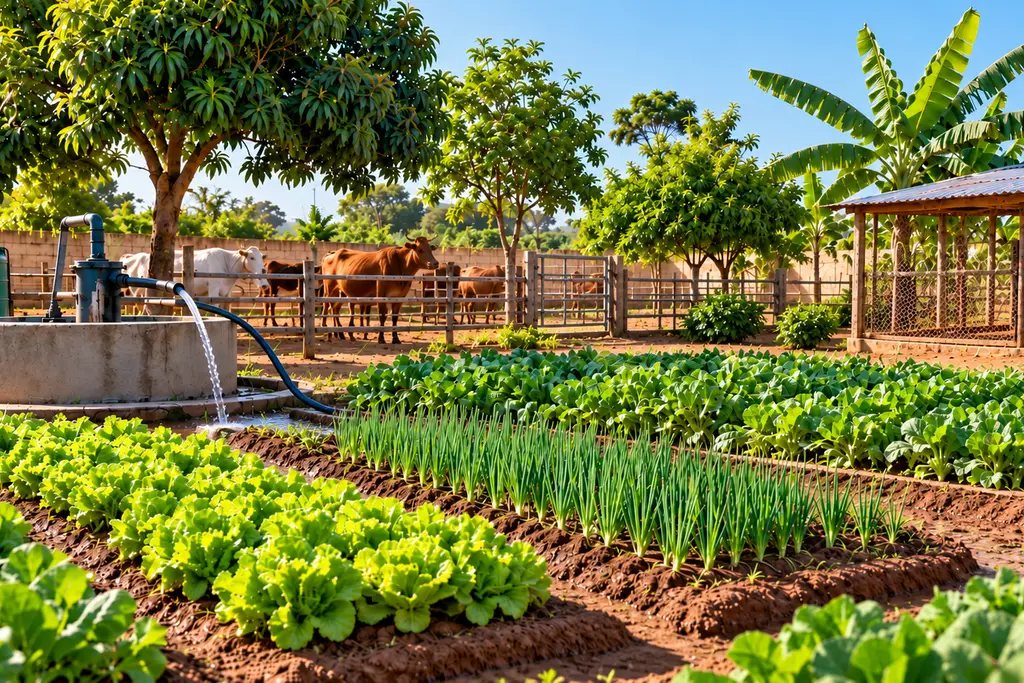 Exploitation agro-sylvo-pastorale avec cultures maraîchères irriguées et bovins dans un enclos
