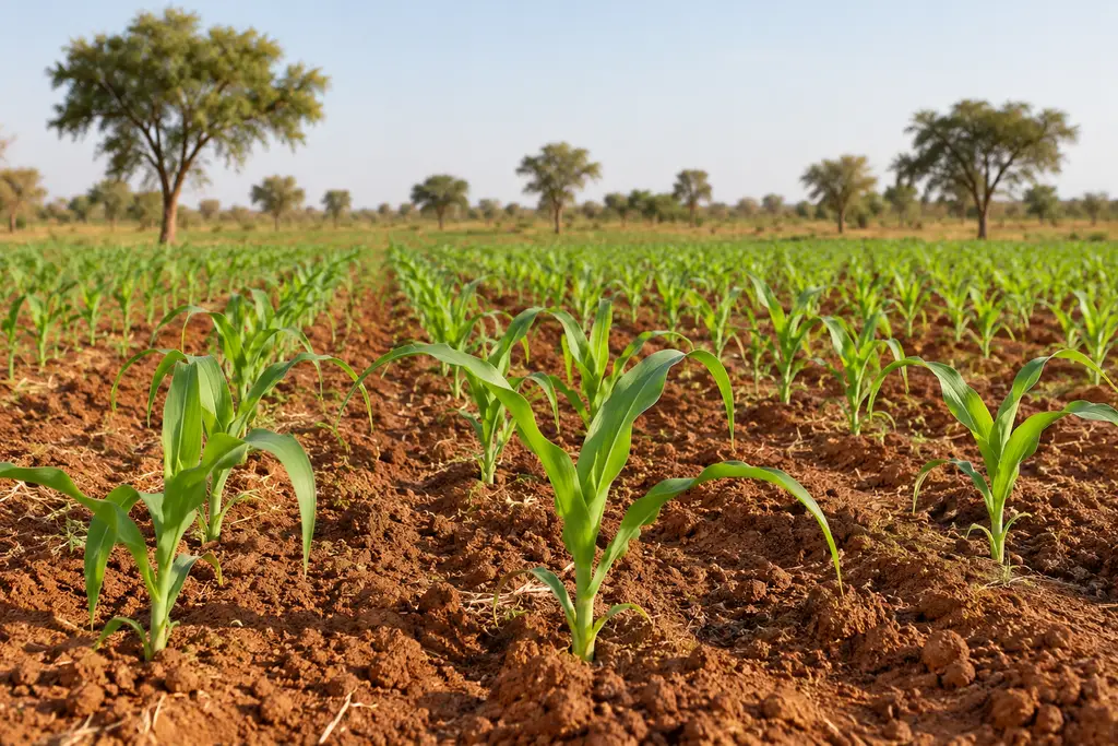 Jeunes plants de maïs alignés dans un champ du Sahel