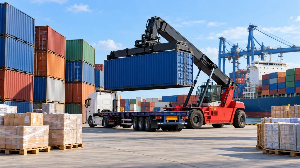 Terminal portuaire : chargement d'un conteneur sur un camion, piles de conteneurs et navire porte-conteneurs à quai