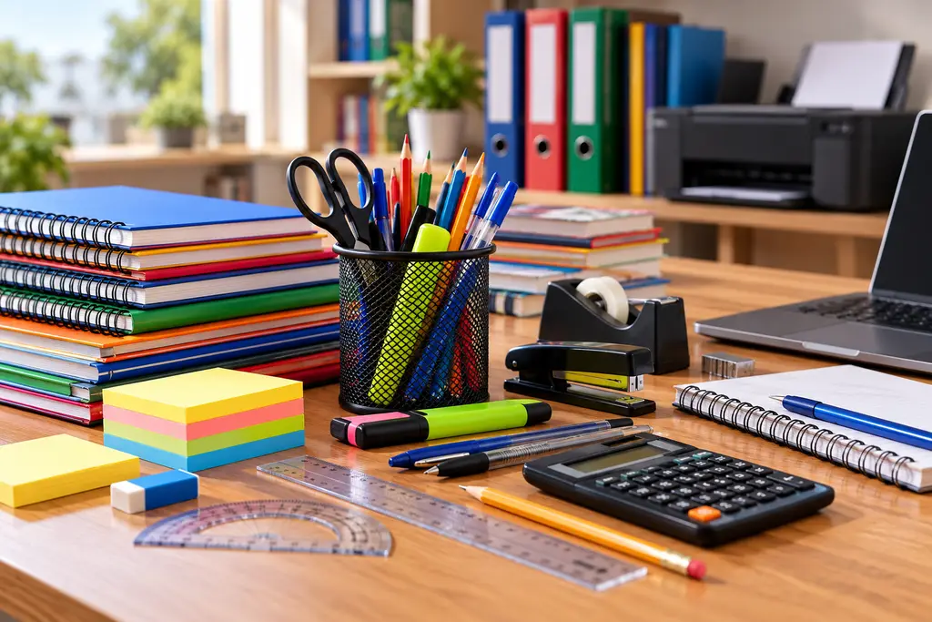 Bureau garni de fournitures scolaires et de matériel de bureau : cahiers, stylos, calculatrice, ordinateur portable et imprimante